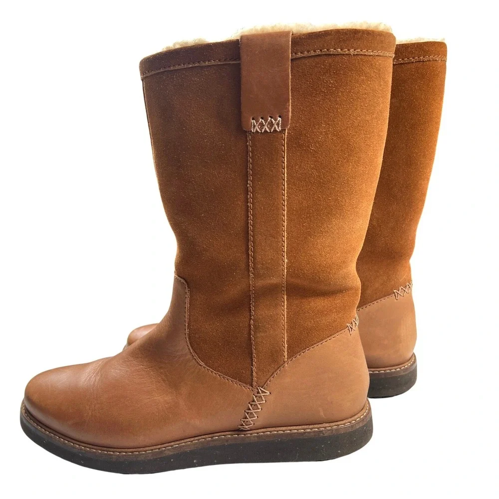 Clarks Glick Elmfield Tan Leather Suede Shearling Lined Mid Calf Boots 8M GUC
